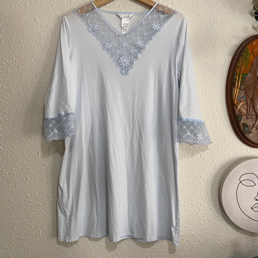 HANRO OF SWITZERLAND women S Lace Nightgown Light Blue Sleepwear Cotton stretch‎